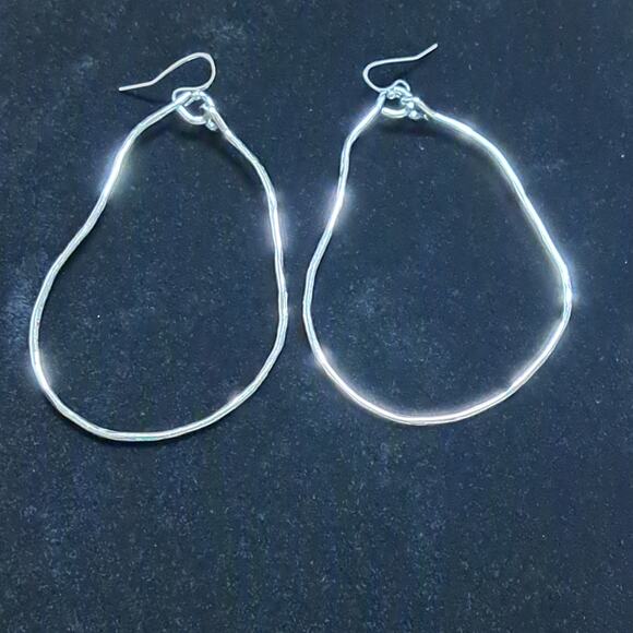 Silvertone pierced fishhook earrings abstract crooked pear dangle 2 3/4"" - Picture 1 of 6
